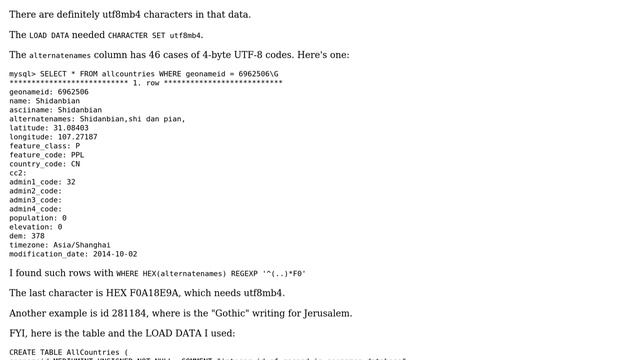 Databases: import geonames allCountries.txt into MySQL 5.7 using LOAD INFILE - ERROR 1300 (HY000) смотреть онлайн