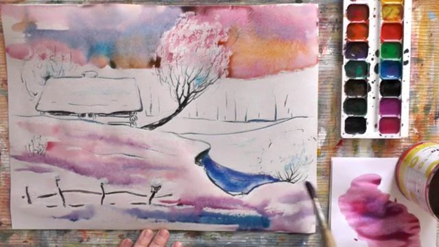 Урок живописи акварелью. Зима. смотреть онлайн