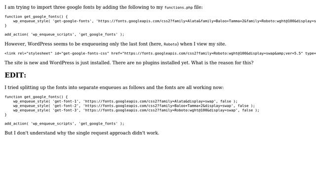 Wordpress: Google fonts enqueue only imports last font family смотреть онлайн