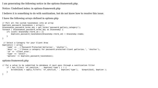 Wordpress: Notice: Undefined index: in options-framework.php смотреть онлайн