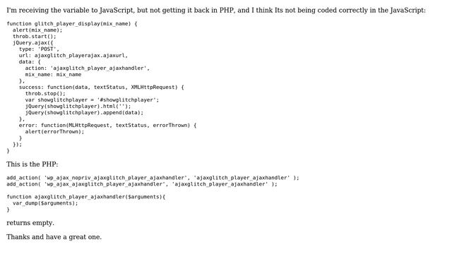 Wordpress: Variable not being returned from Ajax Javascript (though javascript receives it) смотреть онлайн