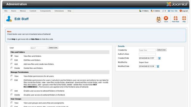 User Extranet for Joomla! 25 / Staff: Set permissions смотреть онлайн