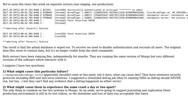 Databases: WiredTiger Panic When Attempting To Rename .turtle Leads To Loss Of All Data