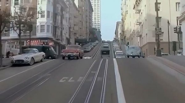 San Francisco 1960s POV Cable Car Ride (60fps, added sound w  color remaster)