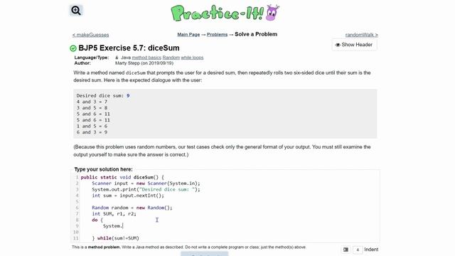 Java Practice It | Exercise 5.7: diceSum | method basics, random, do while loops, scanner смотреть онлайн