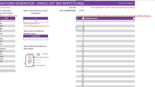 Combinations Generator Excel Template - Single List - No Repetitions смотреть онлайн