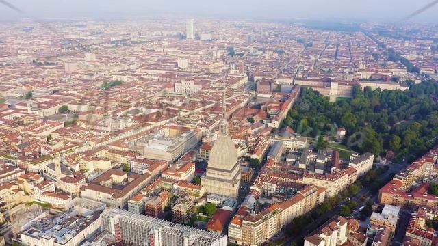 Turin, Italy. Flight over the city. Mole Antonelliana - a 19th-century building with a 121 m high d смотреть онлайн