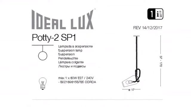 Люстра Ideal Lux Potty-1 SP1 обзор: светильник Ideal Lux Potty-1 SP1 60 Вт, где купить смотреть онлайн