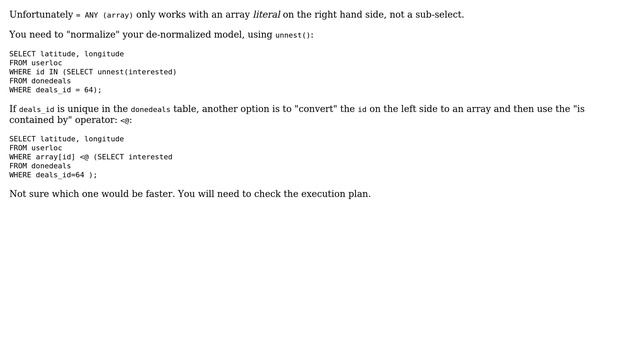 How to do an =ANY(SELECT...query in postgresql? (2 Solutions!!) смотреть онлайн