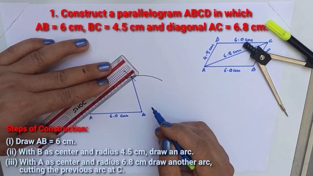 To construct a parallelogram ABCD in which AB = 6 cm, BC = 4.5 cm and diagonal AC = 6.8 cm. смотреть онлайн