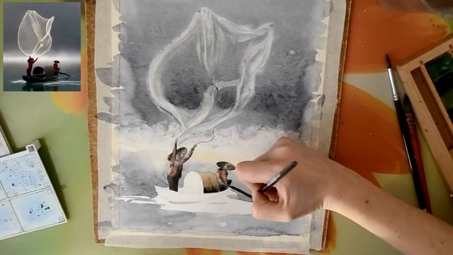 Рыбаки.Картина акварелью. смотреть онлайн