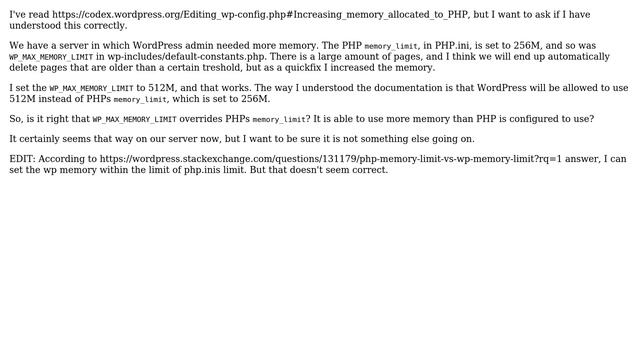 Wordpress: Set WP_MAX_MEMORY_LIMIT higher than PHP.ini memory_limit смотреть онлайн