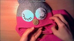 Детская вязаная шапка сова-крючком.Шапка с завязками.ШАПКА СОВА-шапка с ушками