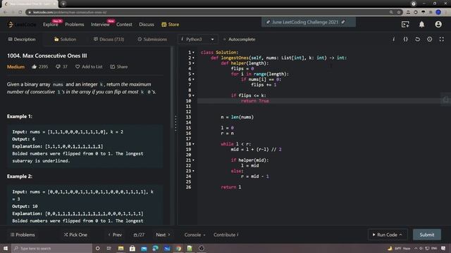 LeetCode 1004. Max Consecutive Ones III смотреть онлайн