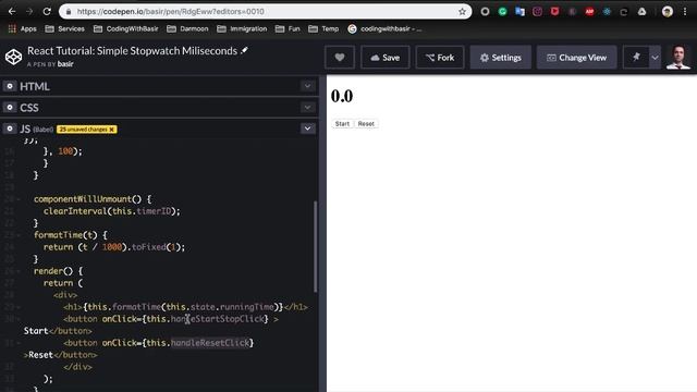 React Tutorial Stopwatch with Start/Reset Buttons смотреть онлайн
