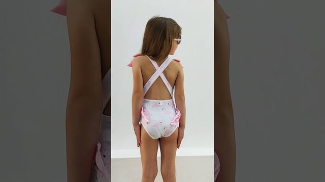 Белый купальник с фламинго и розовыми вставками
