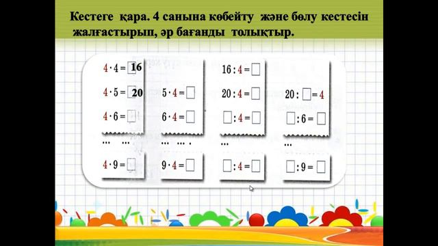 2 сынып математика 4 санына көбейту және бөлу кестесін құрастыру (3 тоқсан 80 сабақ) смотреть онлайн