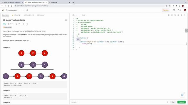 Merge Two Sorted Lists - LeetCode - 21 Solution C++/ Blind 75 Solutions (Live Coding) смотреть онлайн