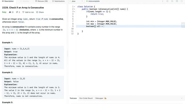Leetcode 2229 - Check if an Array is Consecutive смотреть онлайн