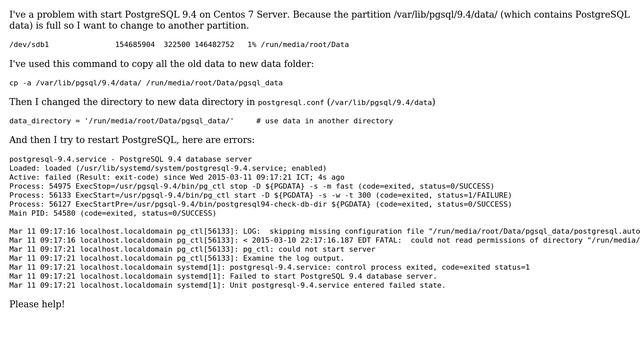 CentOS 7, PostgreSQL failed to read permission data directory in mounted partition смотреть онлайн