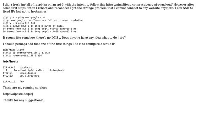 Raspberry Pi: broken network -- ping works on IP addresses but not on hostnames смотреть онлайн