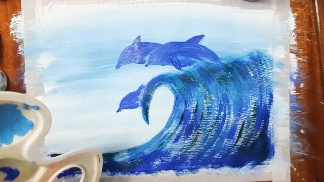 Как нарисовать дельфина на волне, красками гуашь. Рисуем дельфинов легко. Рисуем морской пейзаж. смотреть онлайн