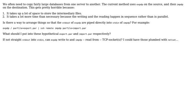 Databases: Can expdp be piped directly into impdp, without intermediate files? смотреть онлайн