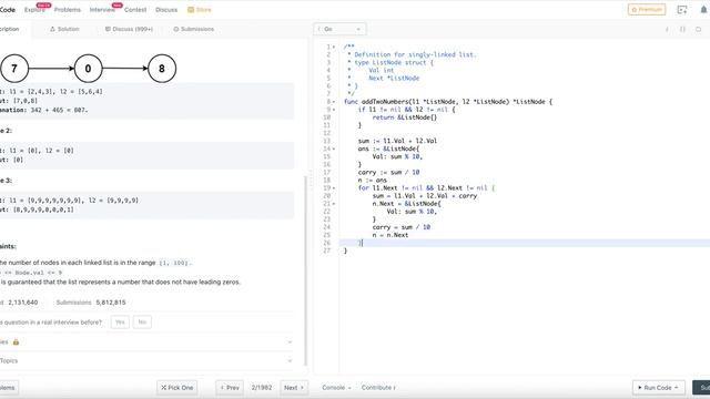 Leet Code - 2. Add Two Numbers [Medium] [Golang] смотреть онлайн