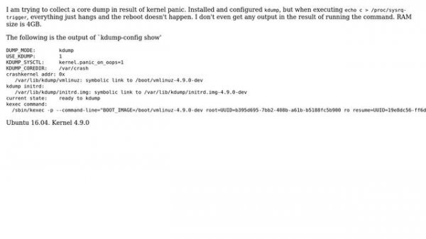 Unix & Linux: echo c ＞ /proc/sysrq-trigger doesn't reboot the system