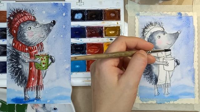 НОВОГОДНЯЯ открытка, рисуем ёжика акварелью! смотреть онлайн
