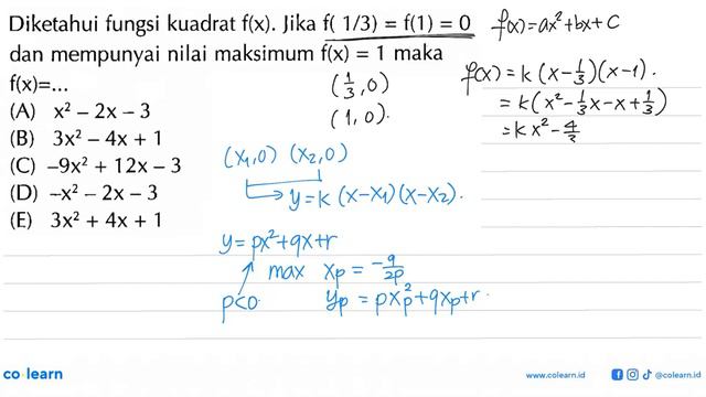 Diketahui fungsi kuadrat f(x). Jika f(1/3)=f(1)=0 dan mempunyai nilai maksimum f(x)=1 maka .. смотреть онлайн