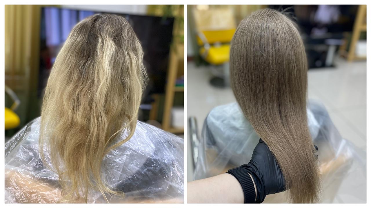 Окрашивание волос : Из блонда в светло русый оттенок, без зелени . Затемнение обесцвеченных волос