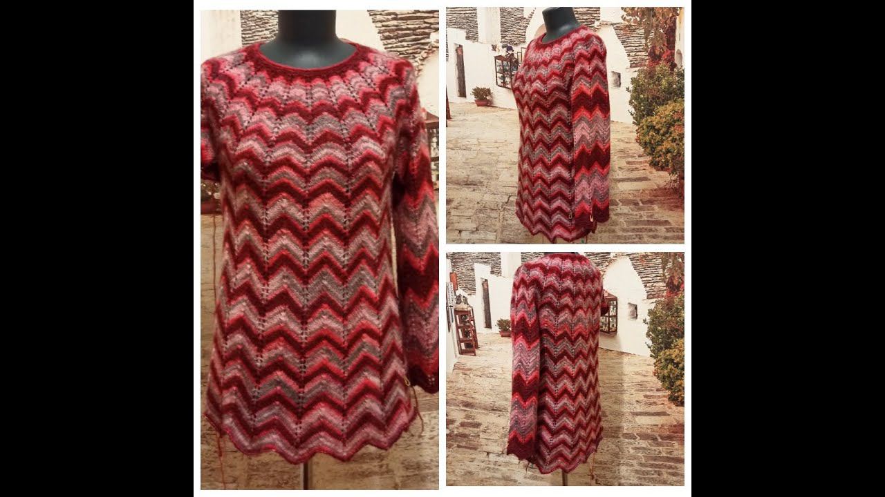 Туника спицами с круглой кокеткой узором зигзаг. Часть 2. Вязание рукавов. смотреть онлайн