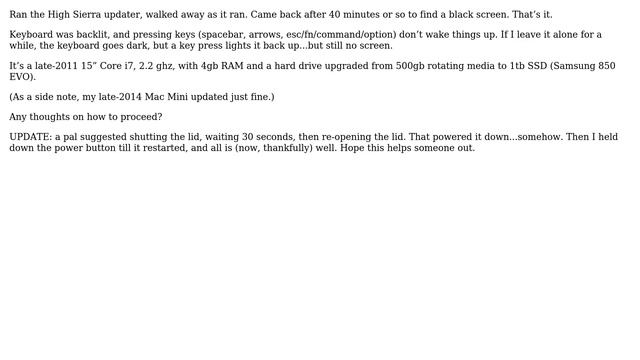 Apple: Black Screen After High Sierra Update, MacBook Pro W/user-installed SSD
