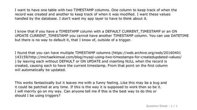 MySQL : One Mysql Table with Multiple TIMESTAMP Columns смотреть онлайн