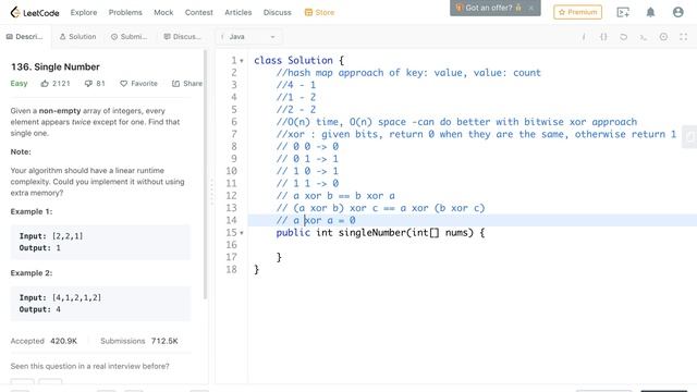 Applying bitwise XOR, LC #136 Single Number[Tech Interview Live Coding] смотреть онлайн