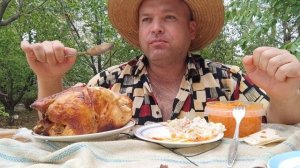 МУКБАНГ Кура гриль, оливье и фасоль с овощами/ОБЖОР на даче