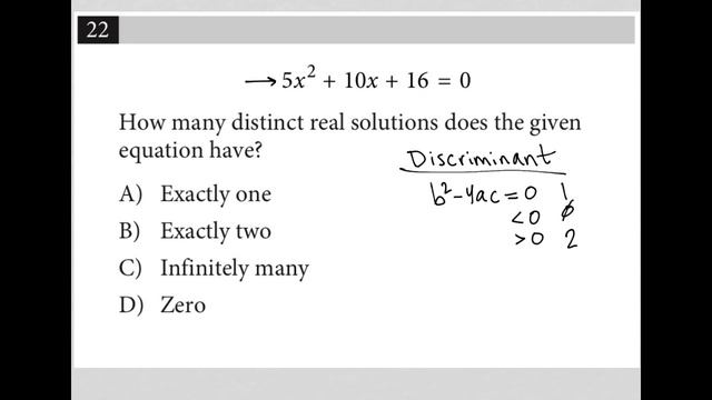 5x^2 + 10x +16=0; How many distinct real solutions does the given equation have? смотреть онлайн