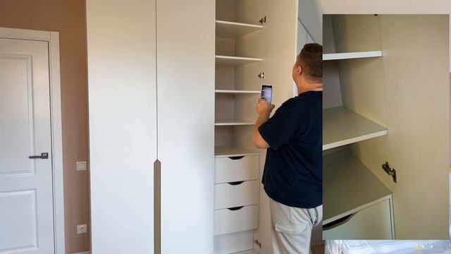 Шкаф на мансарде в стиле минимализм из крашеного МДФ с интегрированными ручками из шпона смотреть онлайн