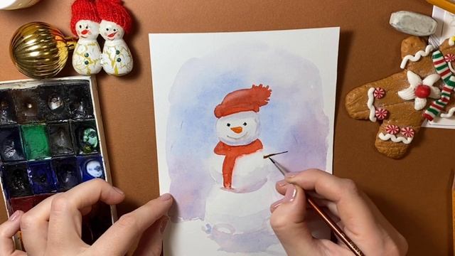 Идея новогодней открытки со снеговиком 2023. Рисуем поэтапно акварелью смотреть онлайн