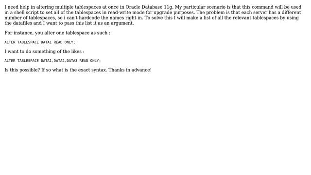 Databases: Altering multiple tablespaces at once in Oracle смотреть онлайн