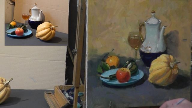 Мастер класс Натюрморт маслом с тыквой и чайником часть 2 смотреть онлайн