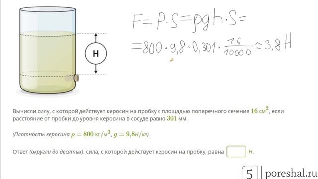 Вычисли силу, с которой действует керосин на пробку с площадью