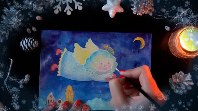 Рисуем ангела. Рождественская открытка. Акварель. смотреть онлайн
