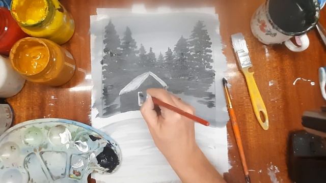 Как нарисовать зимнюю ночь. Рисуем зиму гуашью. Правополушарное рисование. Рисуем деревенский пейза смотреть онлайн