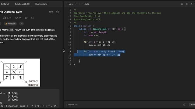 1572. Matrix Diagonal Sum (LeetCode) смотреть онлайн