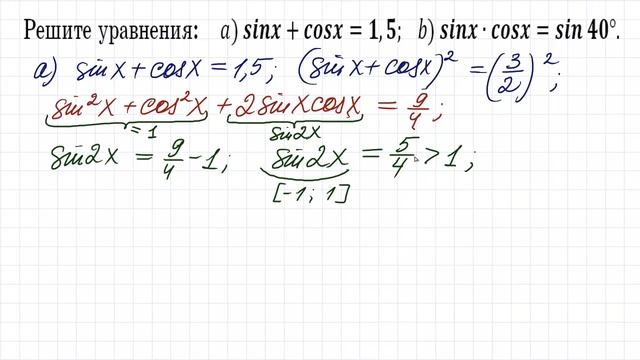 Два интересных уравнения Sinx+cosx=1,5 и Sinx*cosx=sin40°