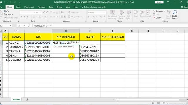 Cara Sensor Digit Terakhir NIK atau Nomor HP di Excel - Tutorial Excel Pemula смотреть онлайн