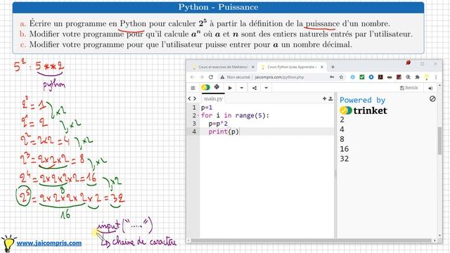 Python • écrire un programme pour calculer une puissance a^n • comprendre l'intérêt d'une boucle fo смотреть онлайн