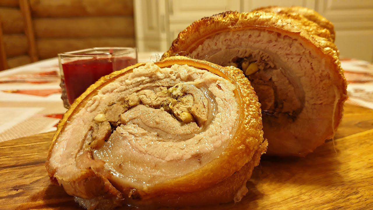 Рулет из свиной брюшины. Итальянская Поркетта. Клюквенный соус. Italian Porchetta. 4К. смотреть онлайн